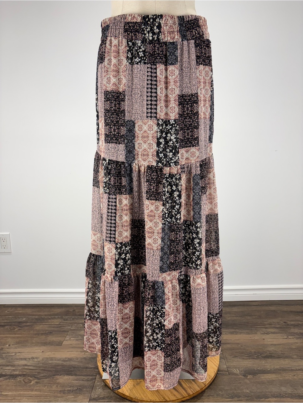Haver London Boho Patchwork Floral Tiered Maxi Skirt M Smocked Waist